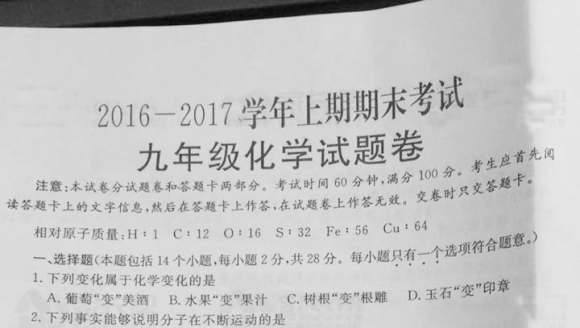 2017年郑州九年级化学一模试卷及答案